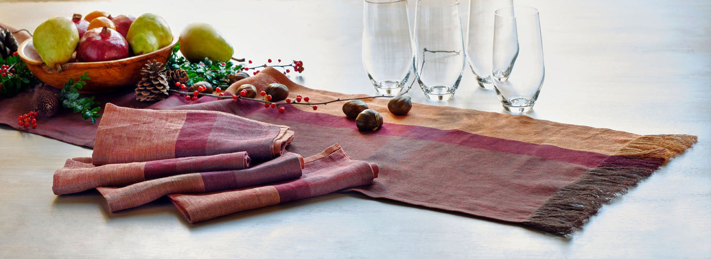 Runner in lino a quadri color vino rosato - 90 pollici